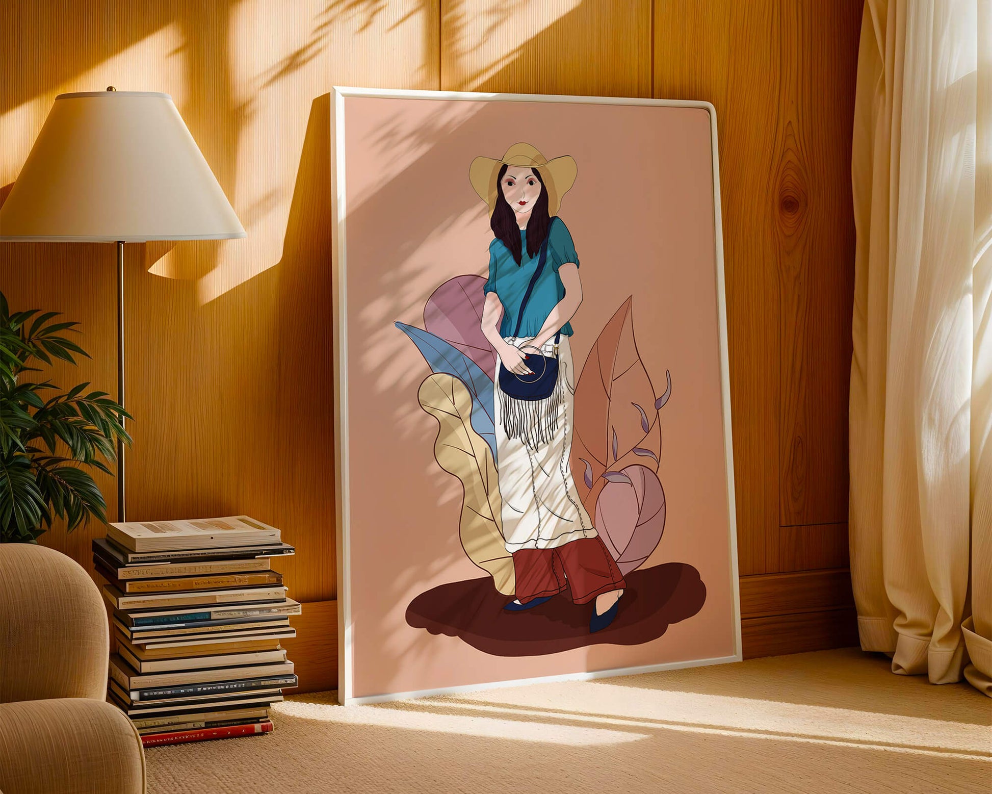 Stylish woman in summer attire with botanical background illustration