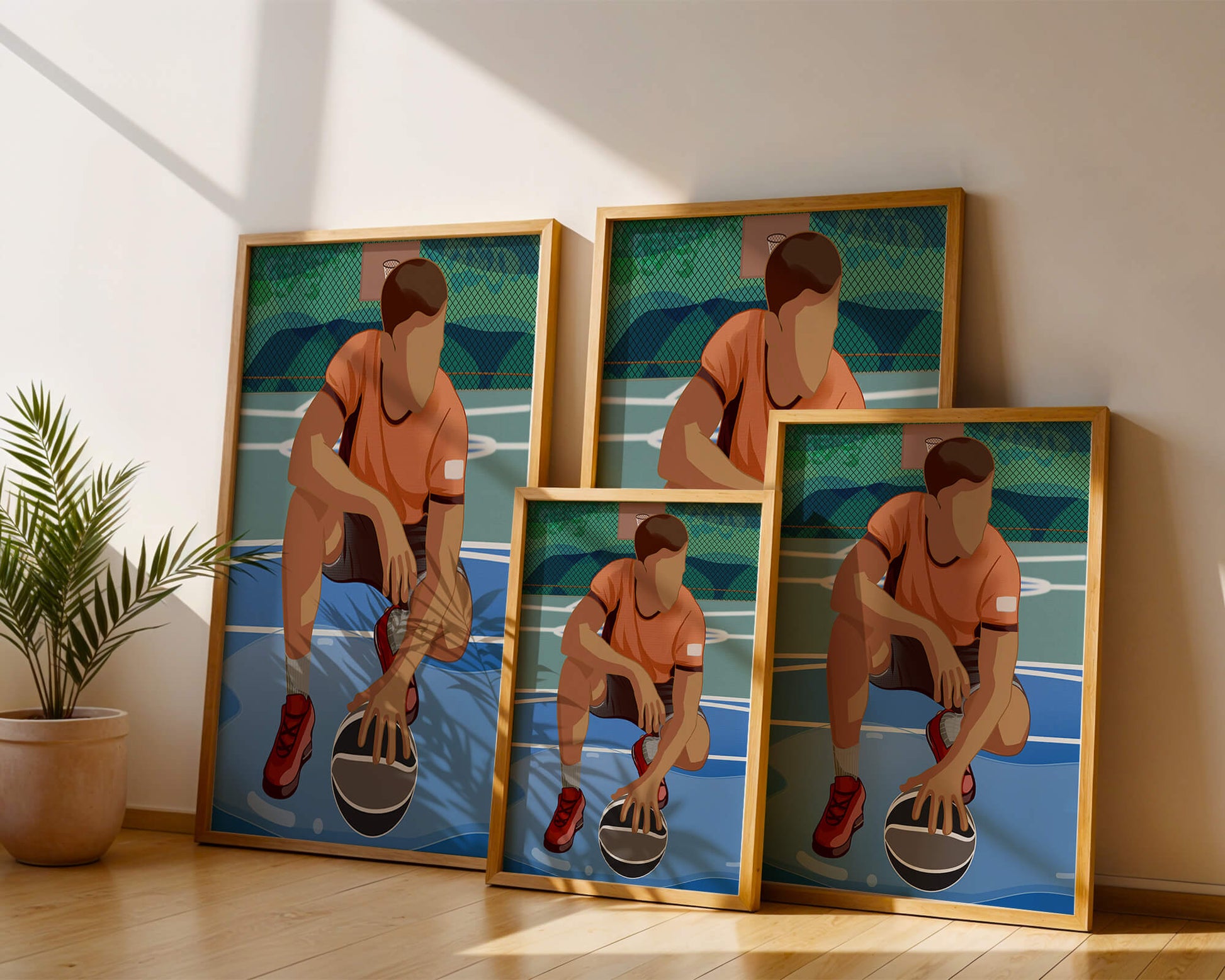 Illustration of a basketball player on a court in a dynamic pose