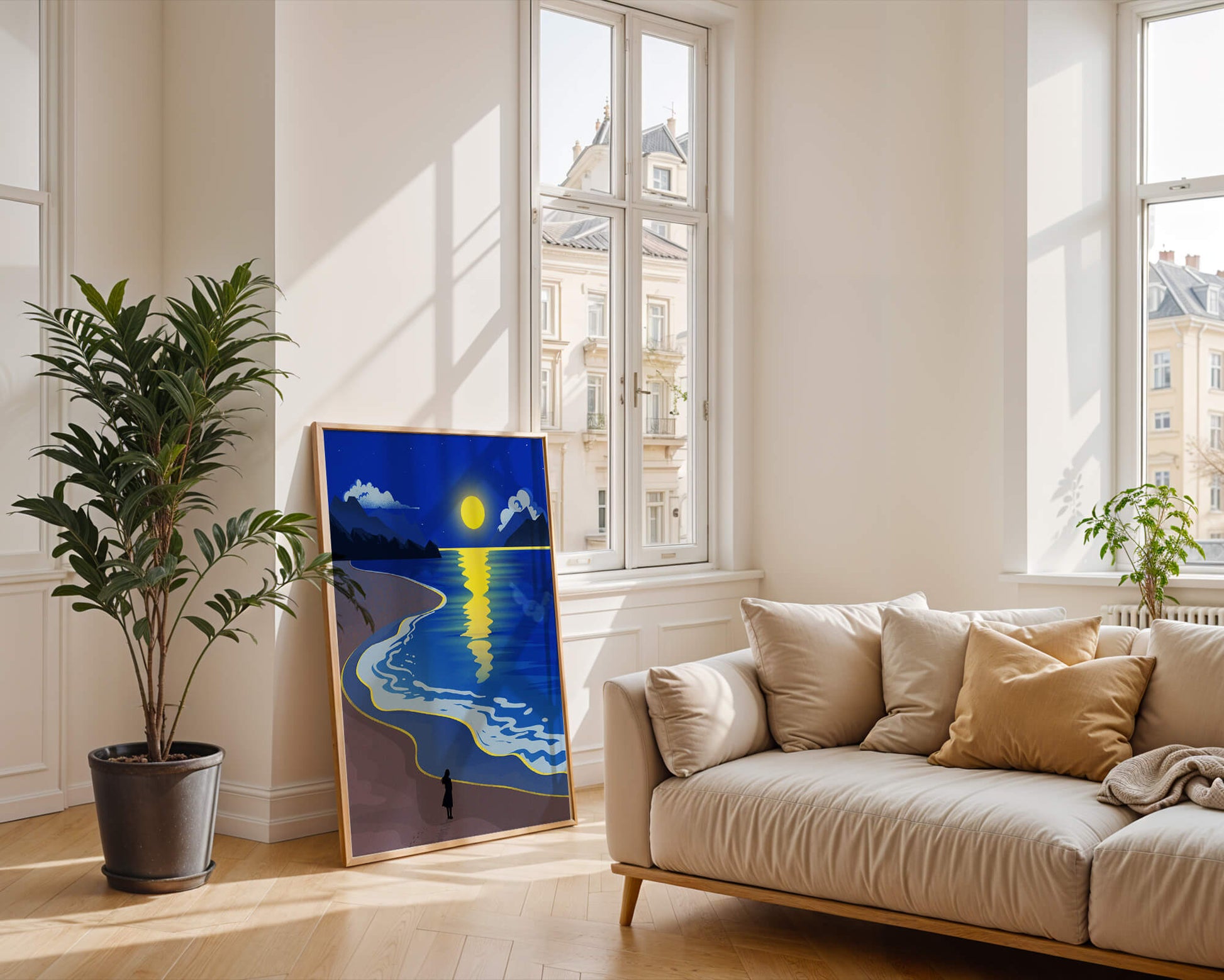 Moonlit Beach with Mountains and Reflections Under Night Sky