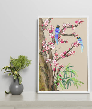 Illustration sereine d’oiseaux sur des branches en fleurs avec des feuilles de bambou