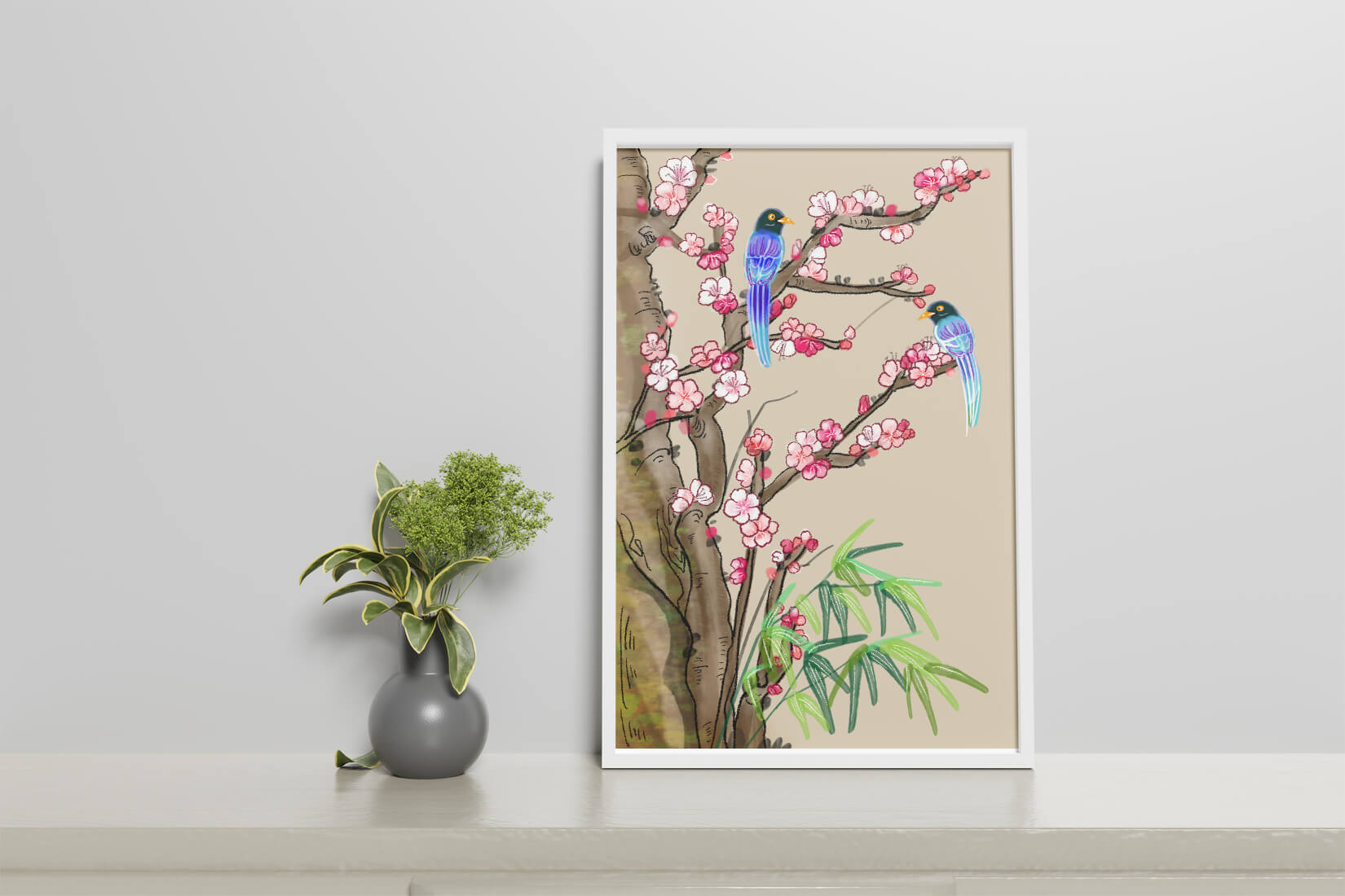 Illustration sereine d’oiseaux sur des branches en fleurs avec des feuilles de bambou