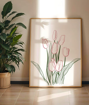 Wunderschöne rosa Tulpen mit grünen Blättern auf einer minimalistischen Leinwand