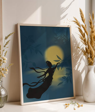 Silhouette of a Woman Reaching for Leaves in Front of a Full Moon