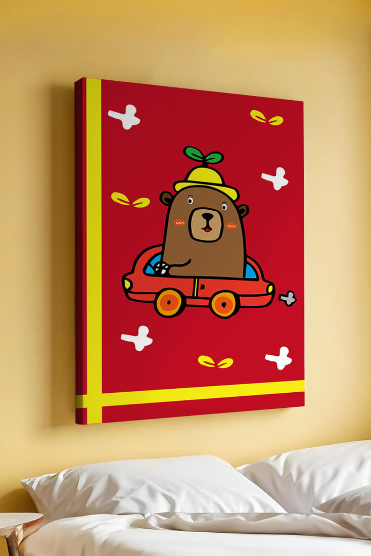 Whimsical bear driving a car on a bright red background