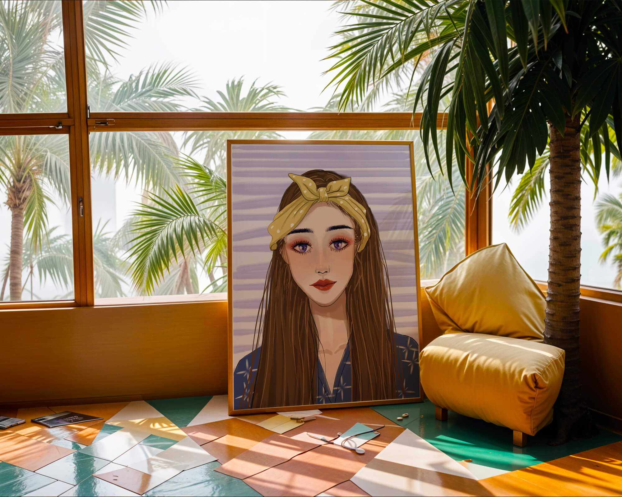 Illustration of a woman with a yellow headband against a striped background