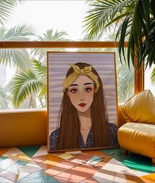 Illustration d'une femme avec un bandeau jaune sur fond rayé