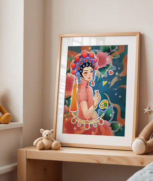 Traditional Asian-inspired illustration with jewelry and floral accents