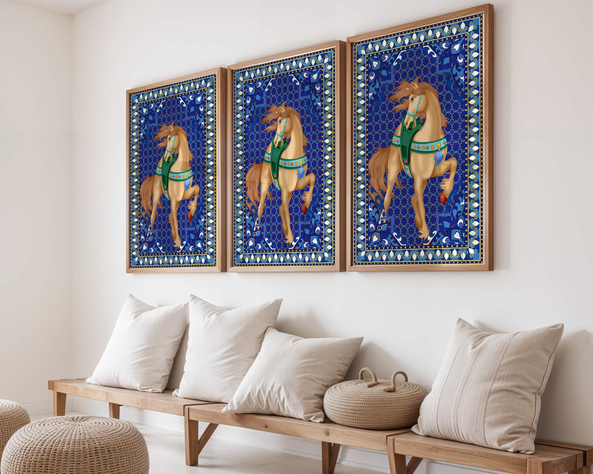 Intricate patterned horse art with a vibrant decorative border