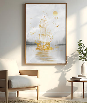 Escena náutica serena con velero dorado en el mar