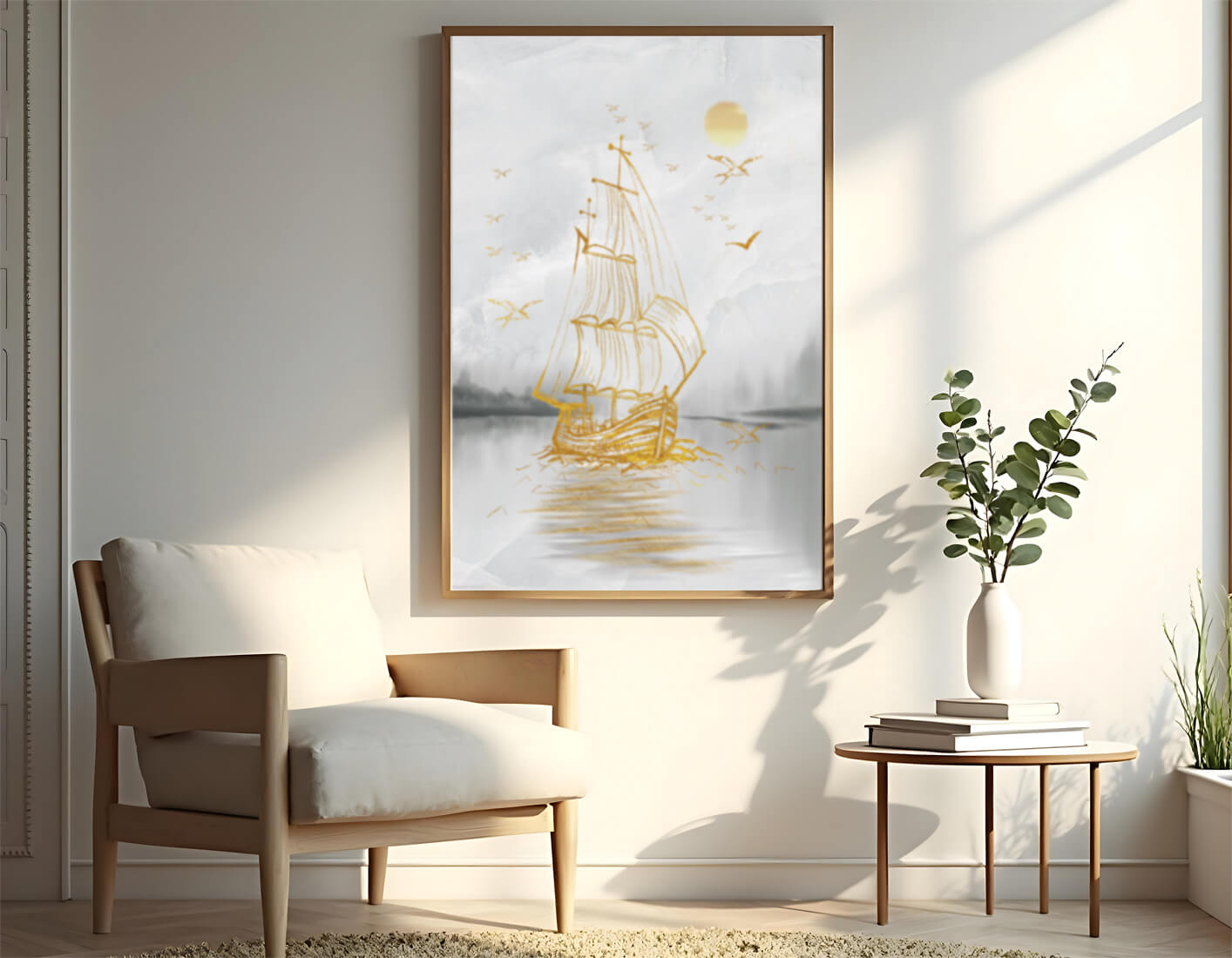 Serene nautical scene with golden sailboat at sea
