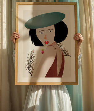 Mujer con sombrero azul y flor en estilo arte moderno