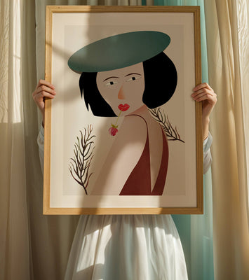 Woman with Blue Hat and Flower in Modern Art Style
