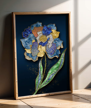 Diseño floral texturizado y colorido con contornos dorados sobre fondo oscuro