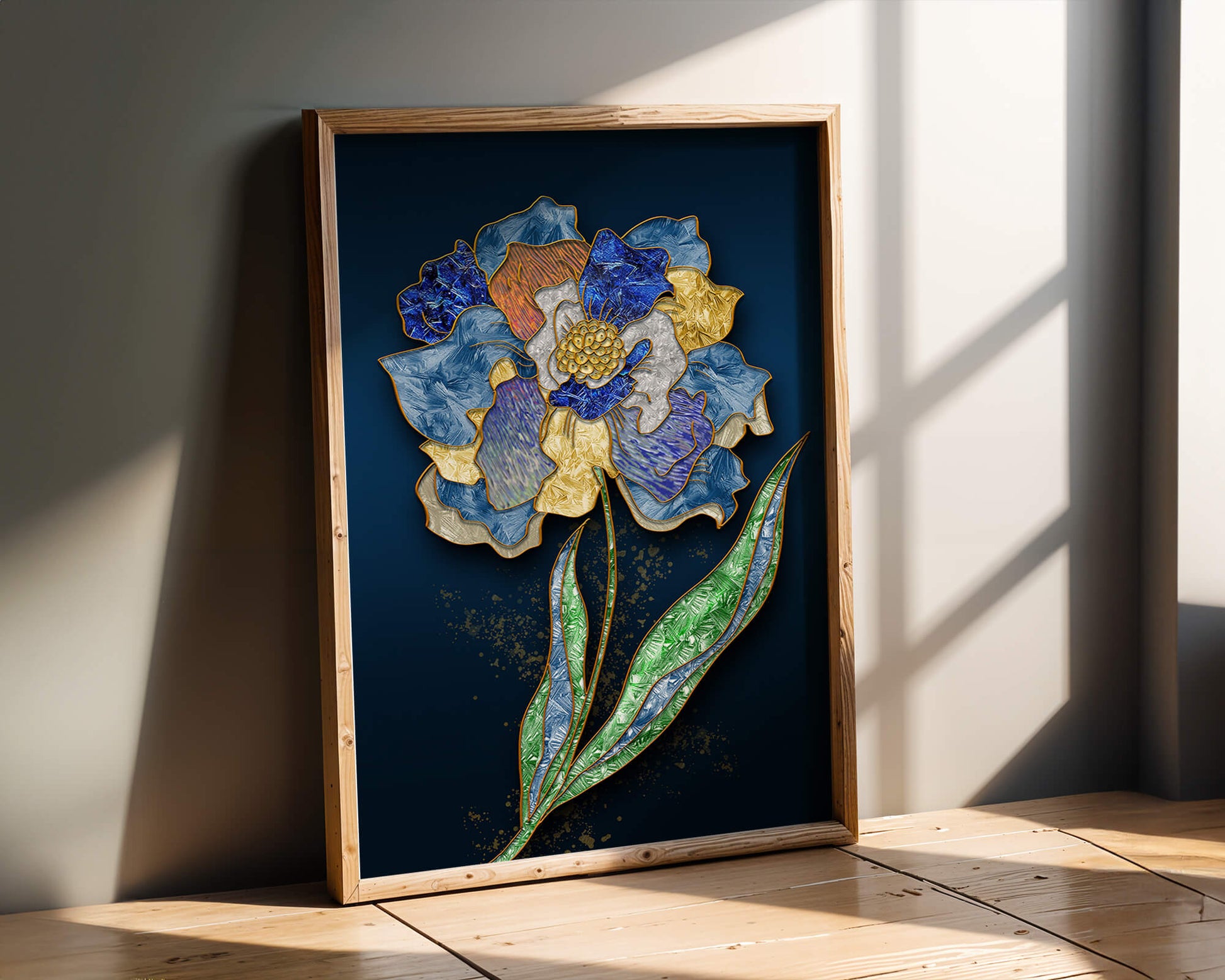 Diseño floral texturizado y colorido con contornos dorados sobre fondo oscuro