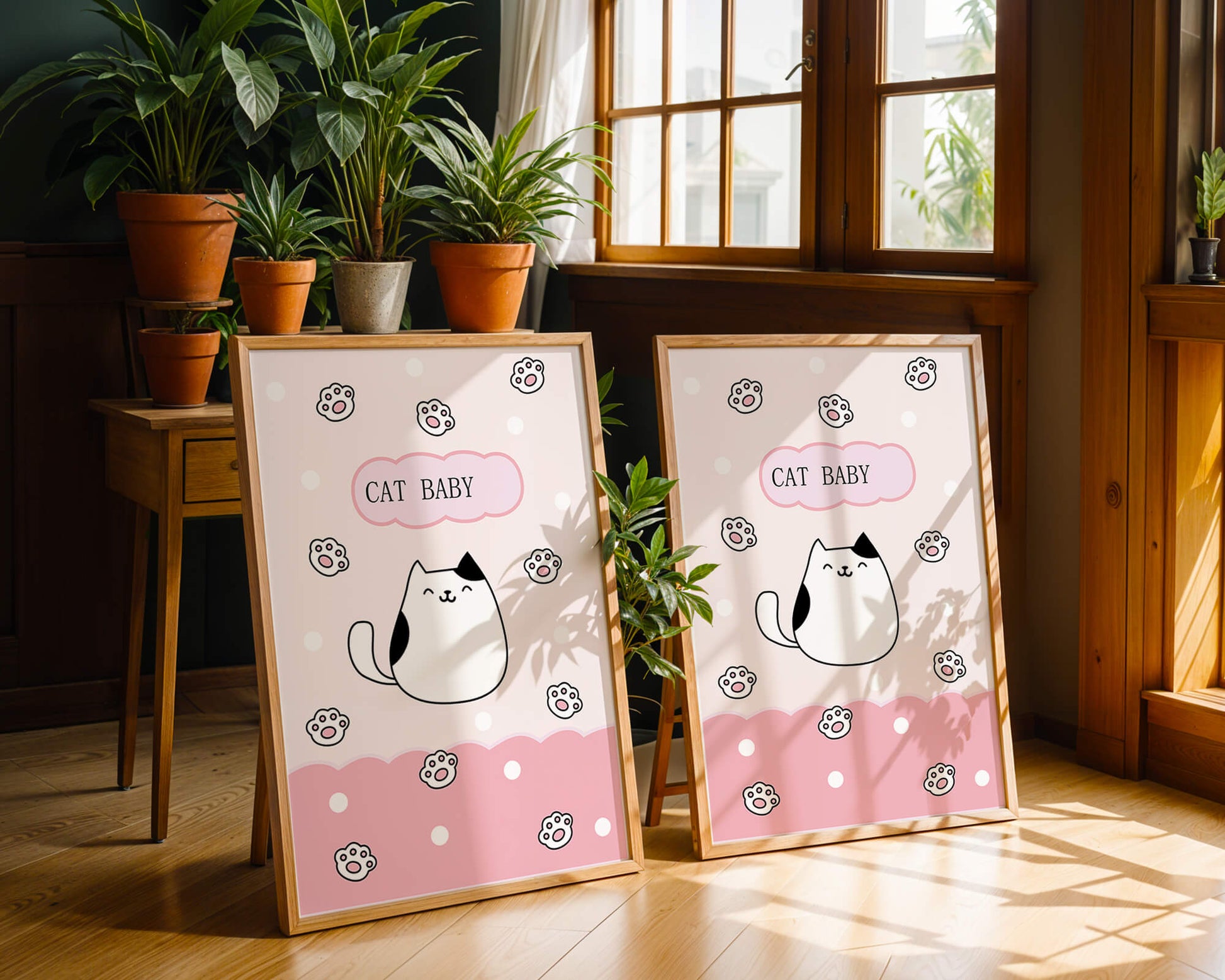 Adorable cat baby illustration with cute paw prints and polka dots