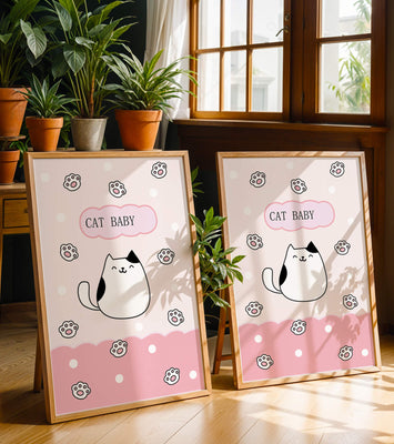 Adorable cat baby illustration with cute paw prints and polka dots