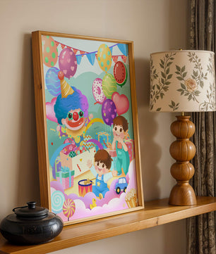 Colorful clown-themed children's party with balloons and toys