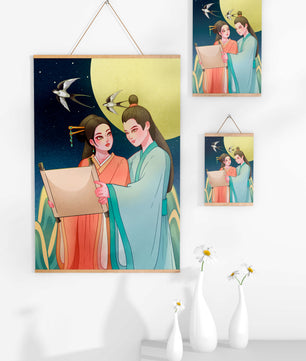 Elegant illustration of traditional attire with scroll and swallows under a full moon