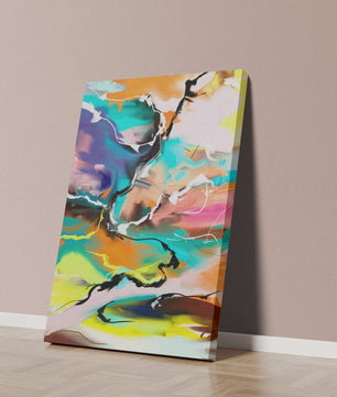 Pintura abstracta colorida con líneas vibrantes y dinámicas