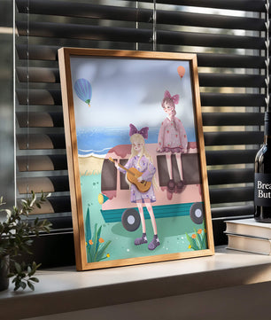 Serene beach scene with whimsical characters and hot air balloons