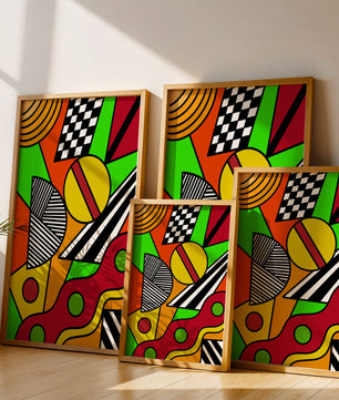 Vibrant geometric abstract artwork with bold colors and shapes