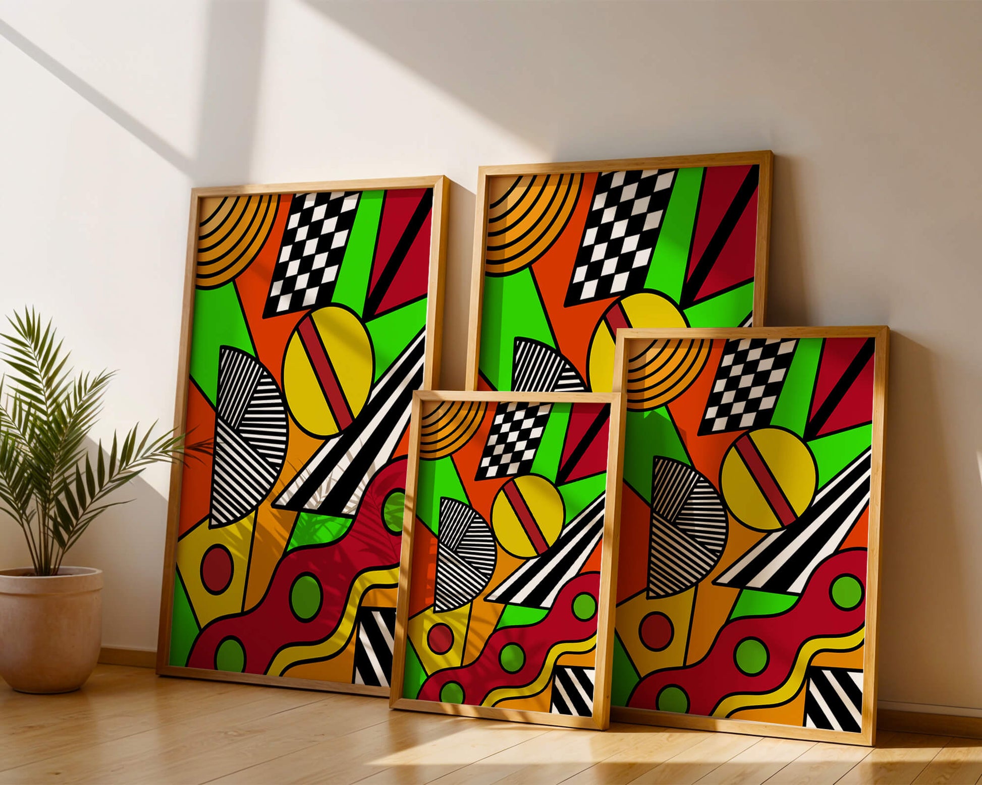 Vibrant geometric abstract artwork with bold colors and shapes