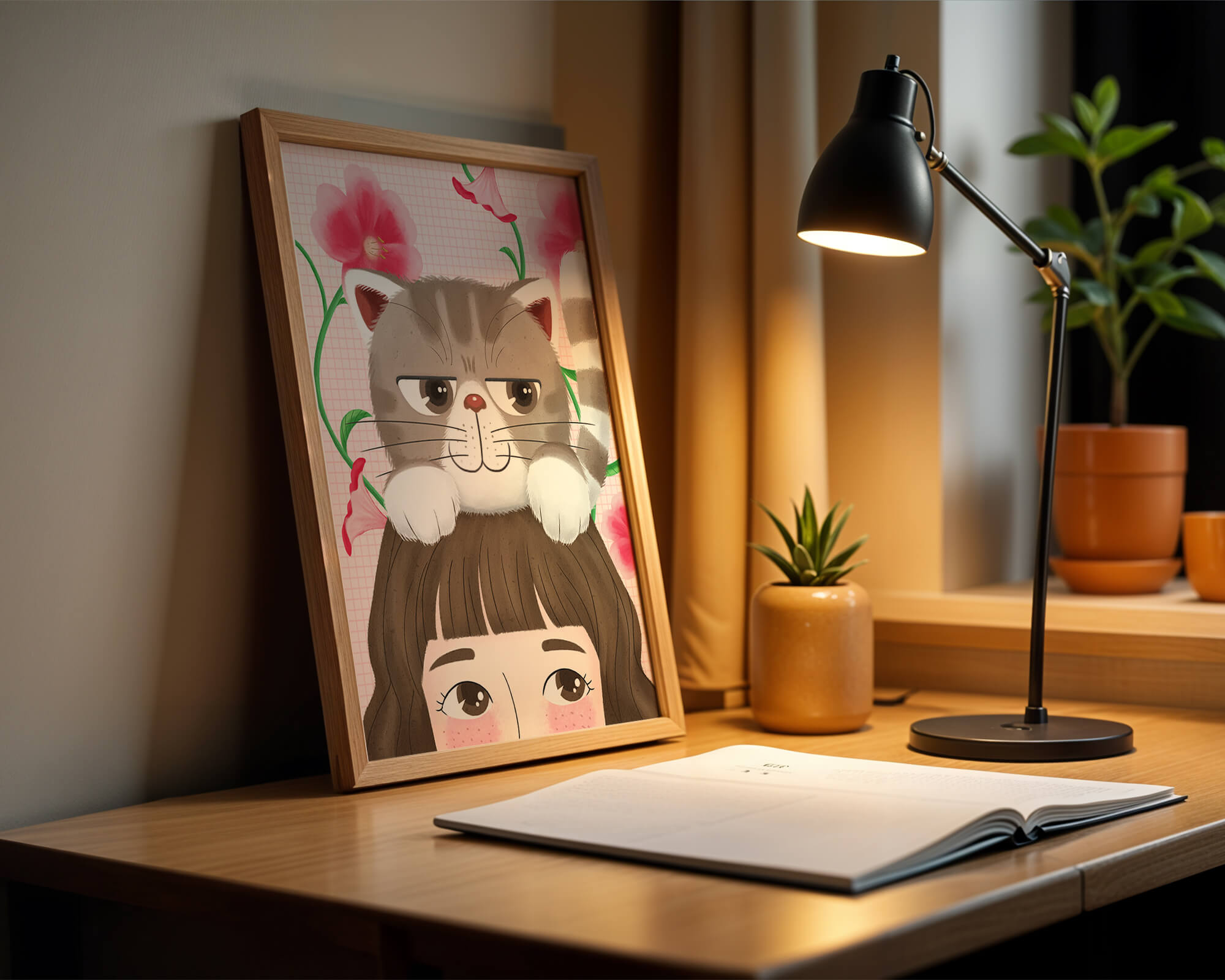 Illustration of a cat sitting on a person's head with pink flowers