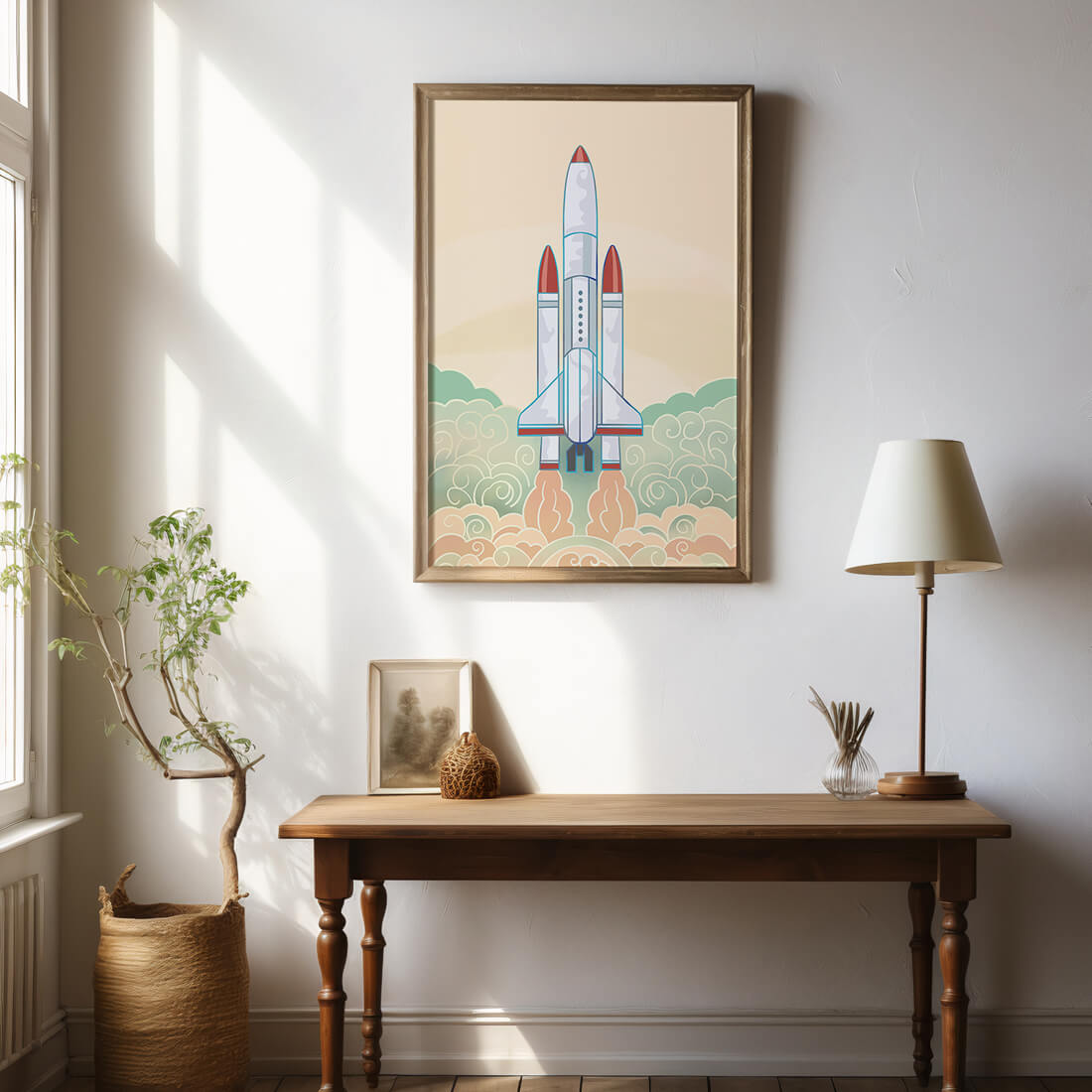 Colorful rocket launch from vintage-style clouds
