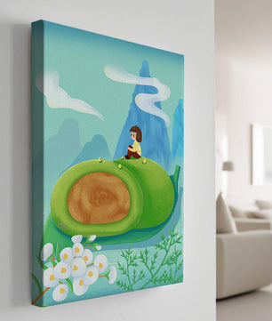 Serene Landscape with Child Sitting on Giant Leaf in Mountainous Fantasy Setting