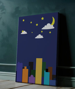 Night cityscape with colorful buildings and starry sky
