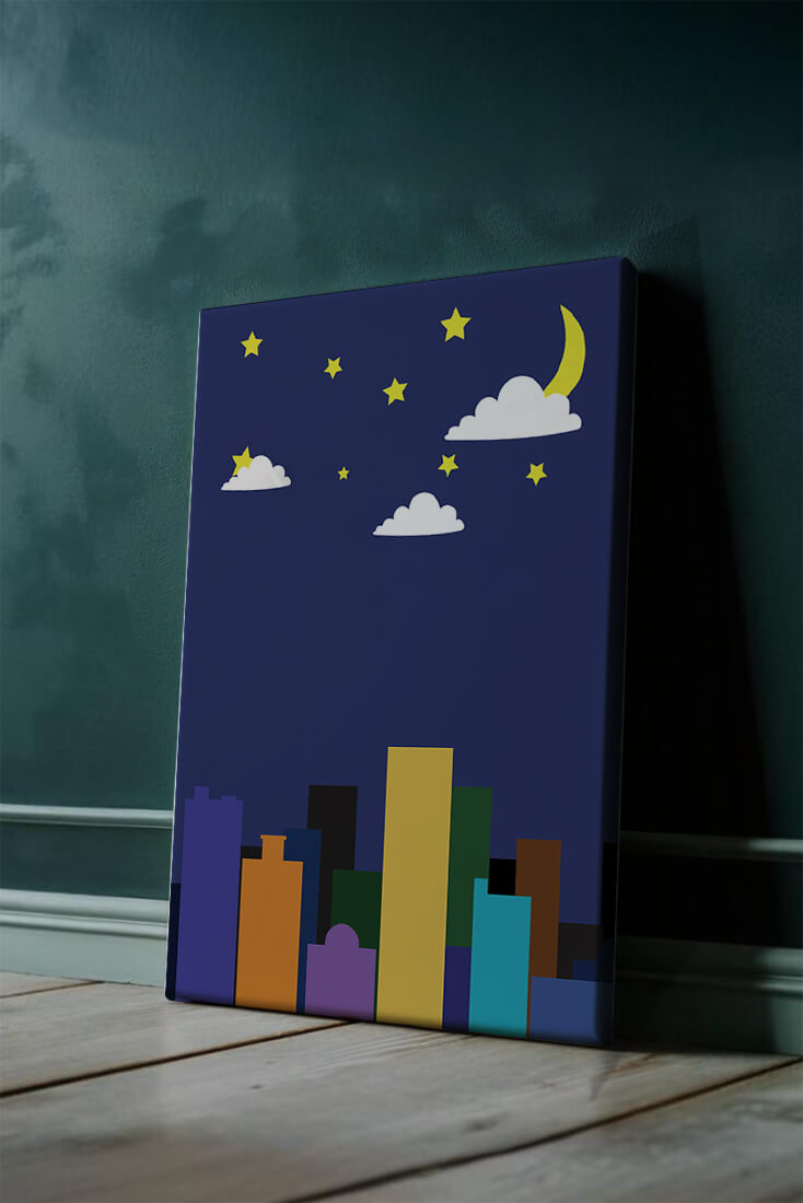 Night cityscape with colorful buildings and starry sky