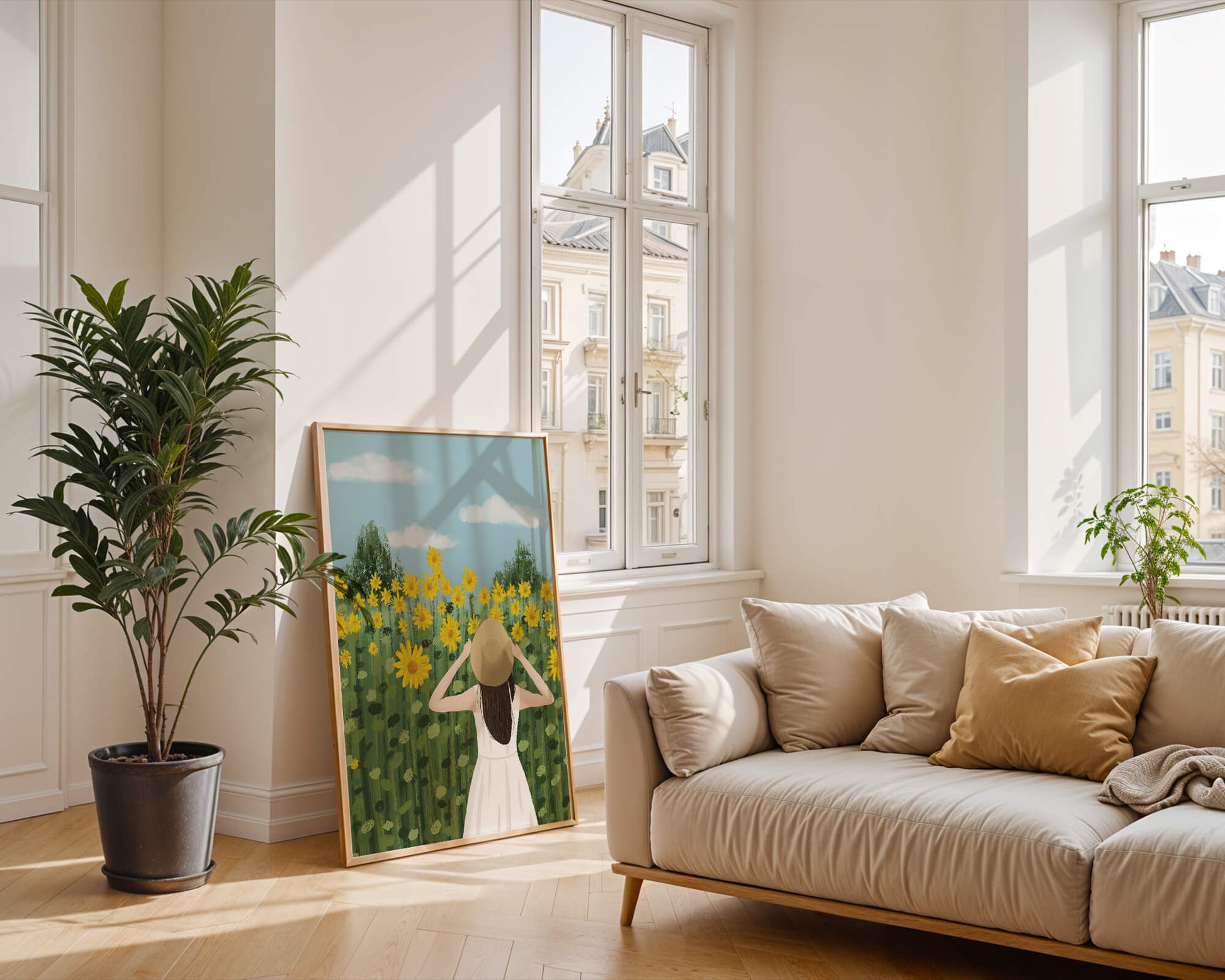 Mujer con vestido blanco admirando un campo de girasoles