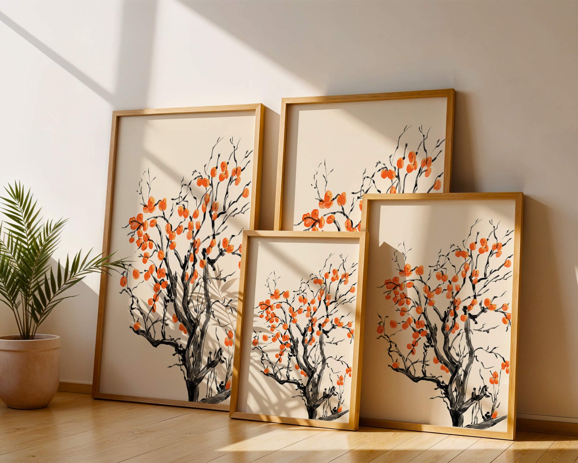 Elegant watercolor tree with vibrant orange fruit