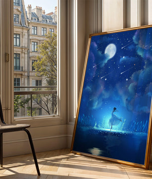 Cielo nocturno soñador con figura danzante y luz de luna brillante