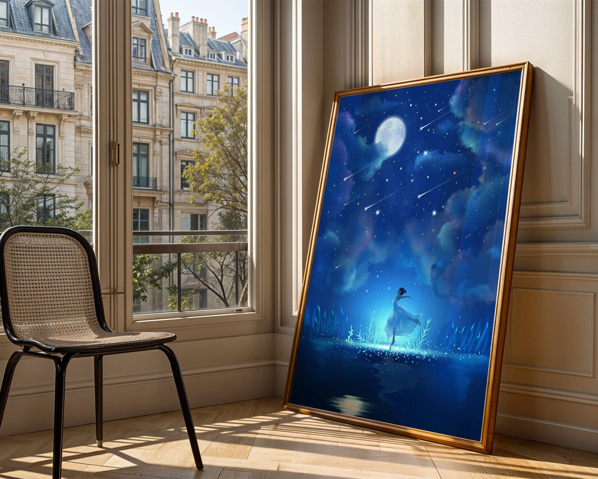 Cielo nocturno soñador con figura danzante y luz de luna brillante