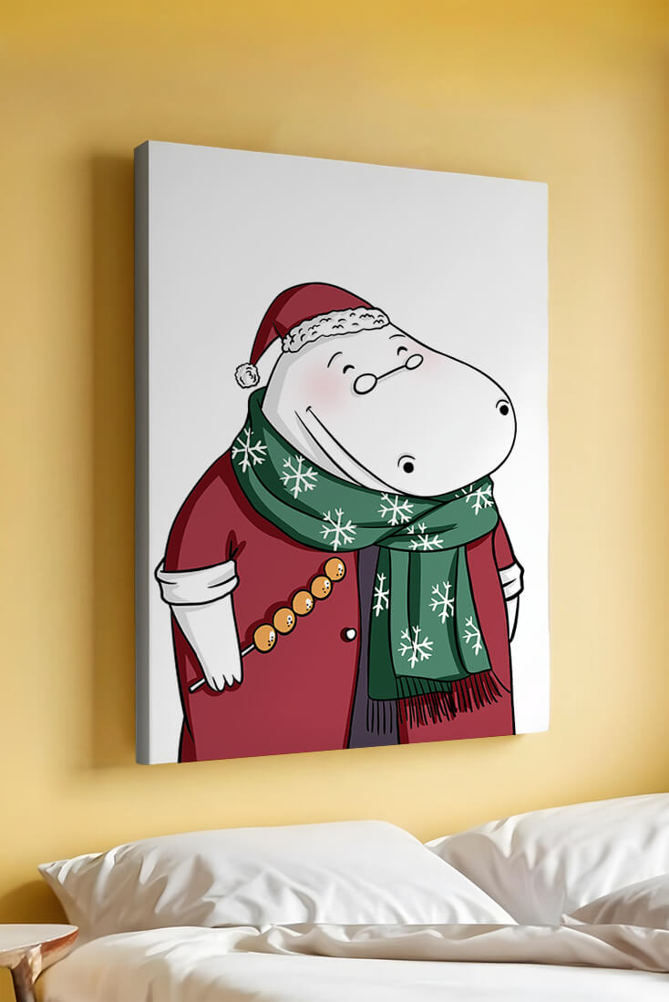 Festive hippo in a red outfit with a green snowflake scarf