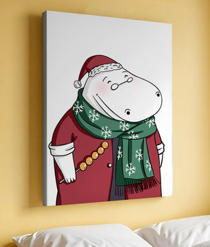 Festive hippo in a red outfit with a green snowflake scarf