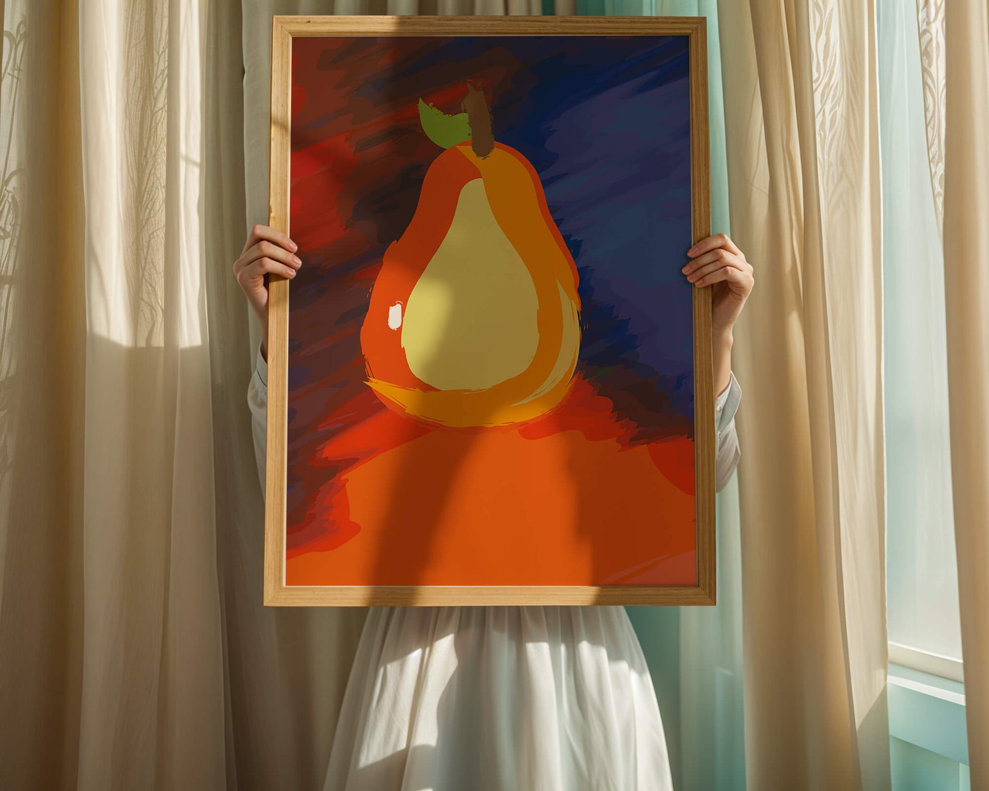 Pintura abstracta de una pera colorida sobre un fondo vibrante.