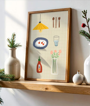 Artículos de cocina ilustrados que incluyen lámpara, utensilios y flores