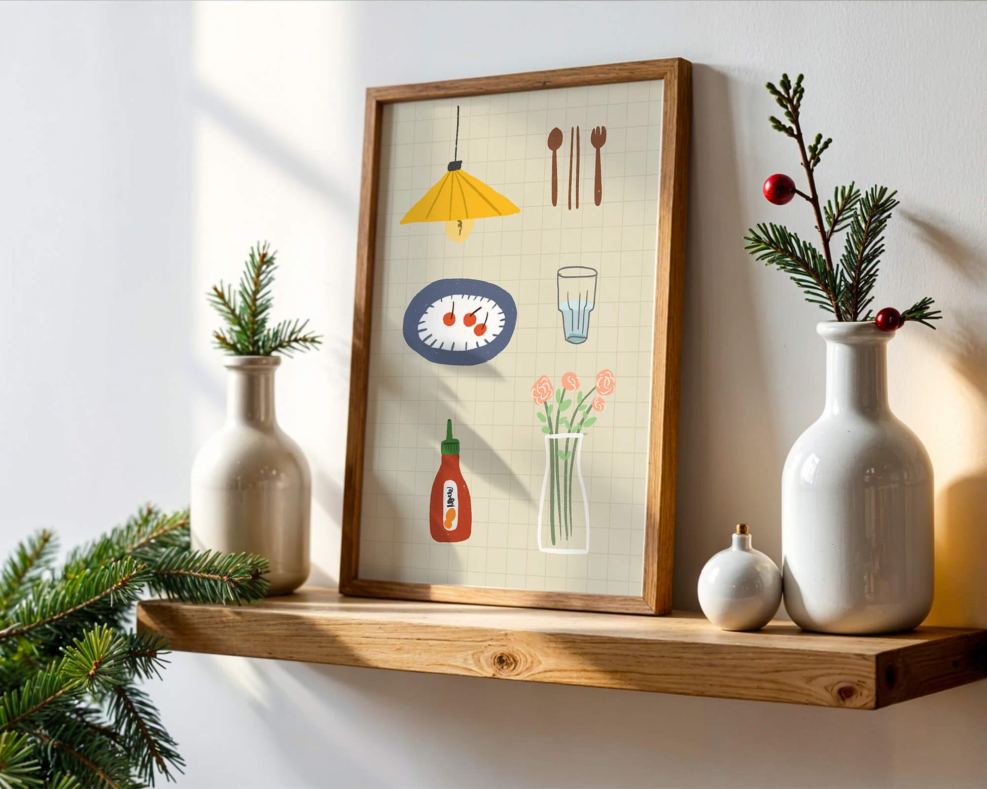 Artículos de cocina ilustrados que incluyen lámpara, utensilios y flores