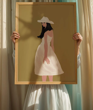 Woman in a white dress and hat on a gold background