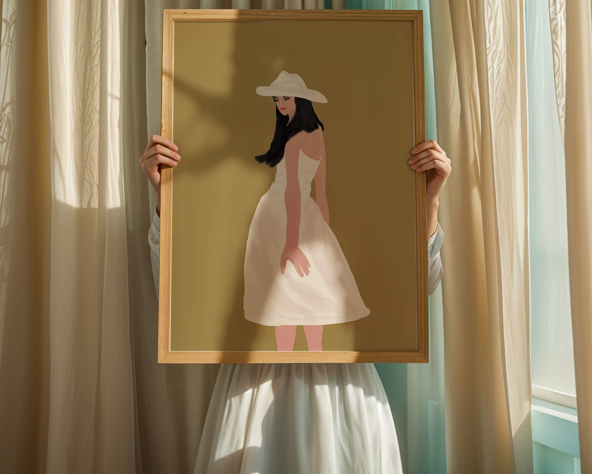 Woman in a white dress and hat on a gold background