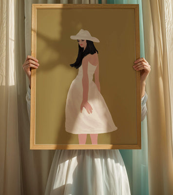 Woman in a white dress and hat on a gold background
