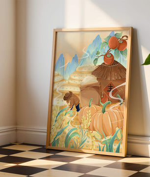 Pastoral landscape with pumpkins and farmer in rice fields