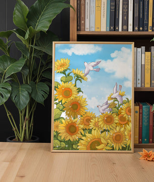 Friedliche Szene mit Sonnenblumen und Tauben unter einem strahlend blauen Himmel