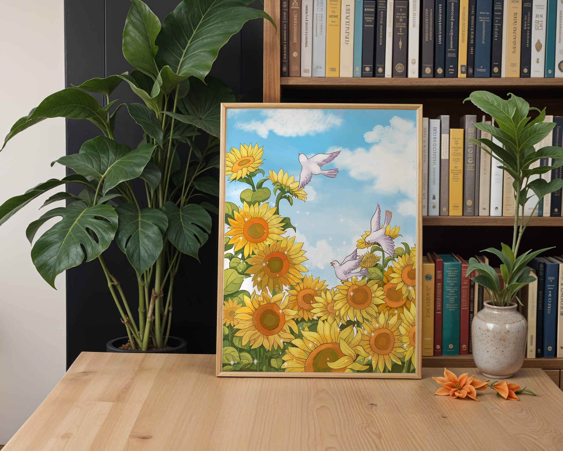 Friedliche Szene mit Sonnenblumen und Tauben unter einem strahlend blauen Himmel