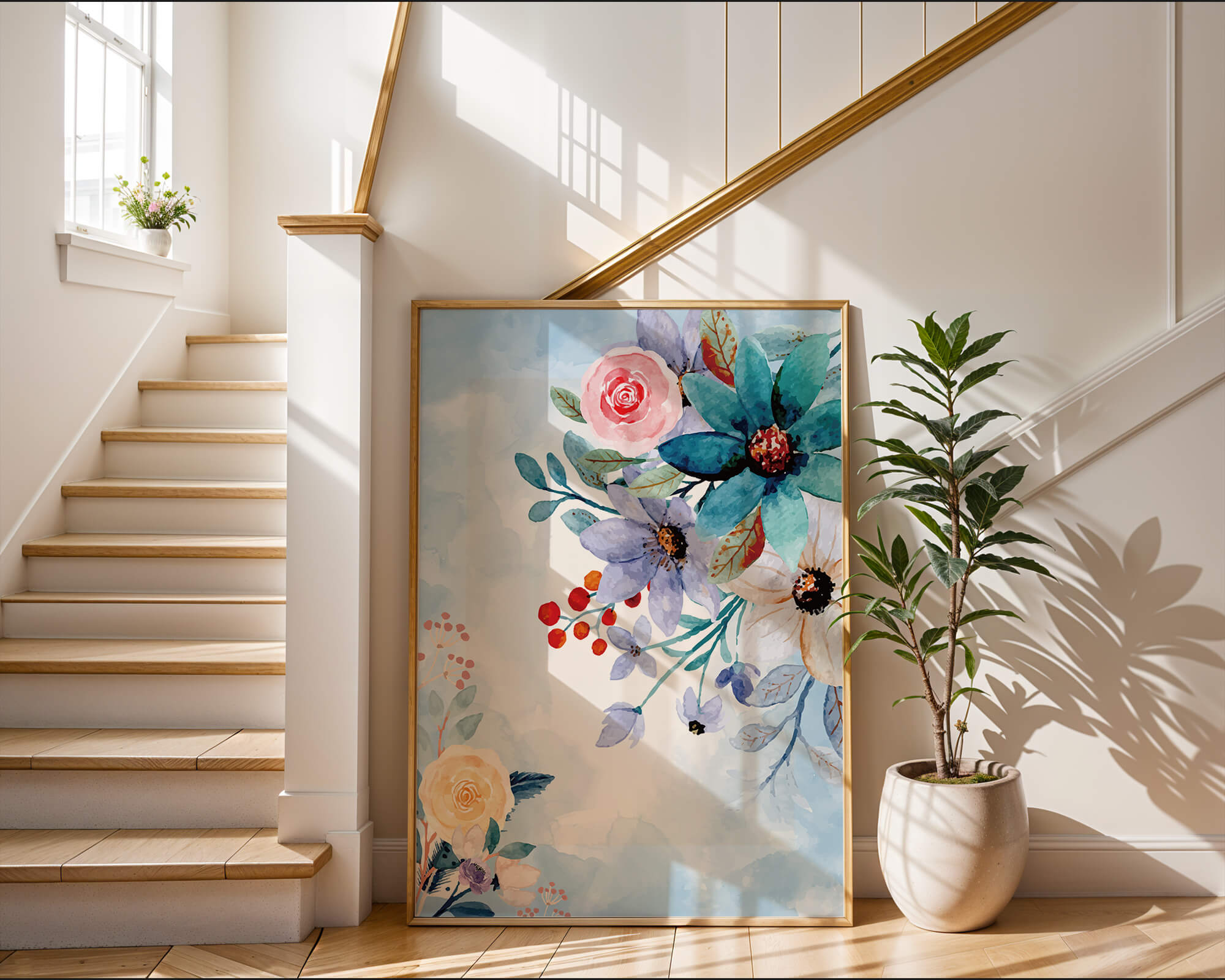 Watercolor floral illustration with vibrant flowers and leaves