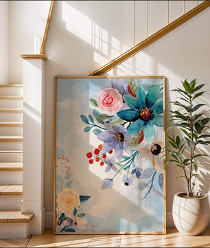 Watercolor floral illustration with vibrant flowers and leaves