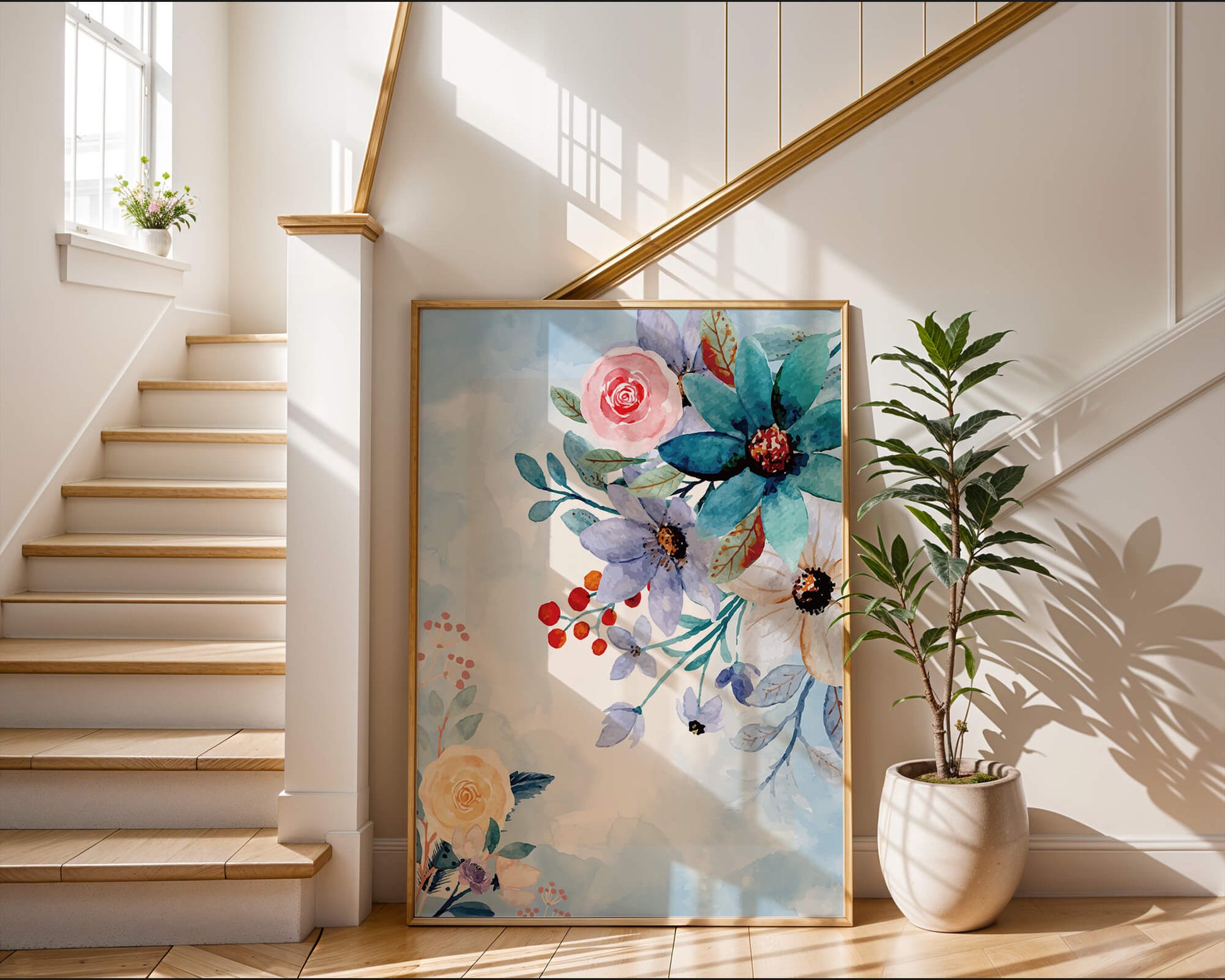 Ilustración floral acuarela con flores y hojas vibrantes