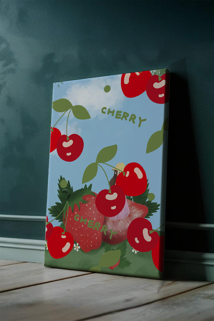 Cherry pattern on black background with green leaves